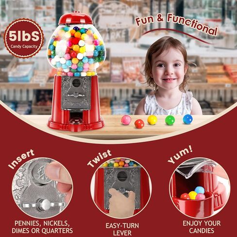 آلة علكة ZIEGIAN مقاس 15 بوصة مع حامل - آلة علكة فقاعية عتيقة مع كرة زجاجية وقاعدة معدنية - موزع حلوى للعملات المعدنية أو توزيع بدون عملات معدنية للأطفال (أحمر) in Kuwait