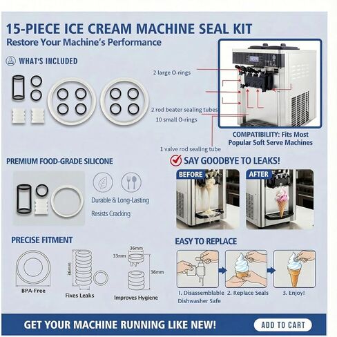 قطع غيار ماكينة الآيس كريم الناعمة من فيكسو تيك، طقم بديل مكون من 15 قطعة مع حشوات وحلقات على شكل حرف O لملحقات صانع الآيس كريم Vevor وYIKAFU in Kuwait