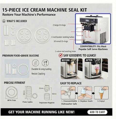طقم إصلاح ماكينة الآيس كريم الناعم المكون من 15 قطعة - حلقات دائرية وحشوات وأختام وأنابيب لـ VEVOR، YIKAFU | سيليكون ممتاز من الدرجة الغذائية، مقاوم للتسرب، سهل التركيب للاستخدام التجاري والمنزلي in Kuwait