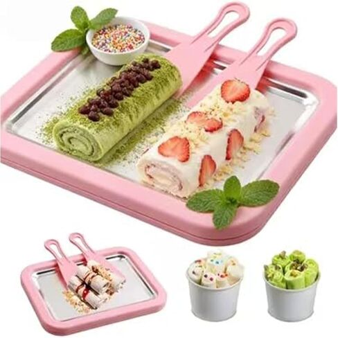 صانعة الآيس كريم الملفوفة - مجموعة صانعة الآيس كريم الملفوفة في المنزل، يمكنك بسهولة صنع لفائف الآيس كريم الخاصة بك والعصائر والزبادي المجمد وأشربة الفاكهة والجيلاتو في المنزل، مع ملعقتين. (لون القرنفل) in Kuwait