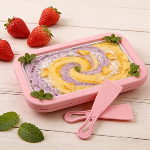 صانعة الآيس كريم الملفوفة - مجموعة صانعة الآيس كريم الملفوفة في المنزل، يمكنك بسهولة صنع لفائف الآيس كريم الخاصة بك والعصائر والزبادي المجمد وأشربة الفاكهة والجيلاتو في المنزل، مع ملعقتين. (لون القرنفل) in Kuwait