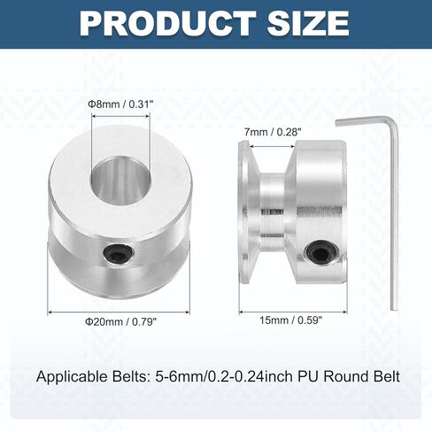 PATIKIL 8mm Fixed Bore 20mm OD Single Groove Pulley, Aluminum Alloy Mechanical V-Belt Pulley with Hex Wrench for Motor Shaft Drilling Machine 5-6 mm PU Round Belt, Silver in Saudi Arabia