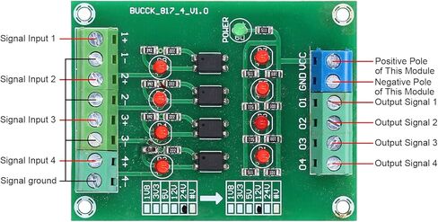 Hyuduo 4 قناة محول الجهد وحدة محول 24 فولت إلى 5 فولت لوحة عزل Optocoupler، عمل فعال، سهل التركيب، مادة رائعة، استخدامات واسعة النطاق، لوحة عزل Optocoupler لـ in Kuwait