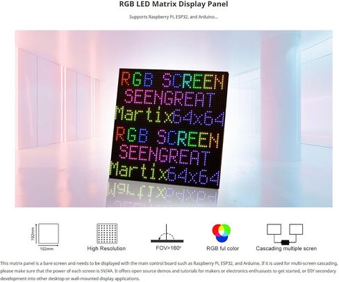 لوحة مصفوفة LED RGB مقاس 64x64 P3.0 - مسافة 3 مم، 4096 مصباح LED، شاشة عالية الدقة كاملة الألوان لـ Raspberry Pi وArduino | واجهة HUB75، صديقة للبيئة، سطوع قابل للتعديل، معدل تحديث مرتفع in Kuwait