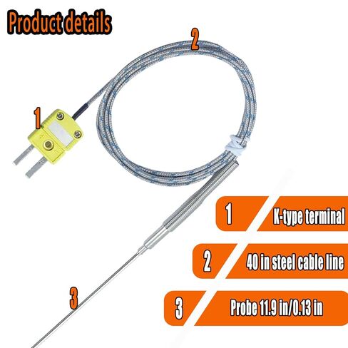 مسبار حراري مزدوج التركيب من النوع K للخدمة الشاقة: مسبار قوي مقاس 11.9 بوصة (طرف 0.13 بوصة) مع كابل مقاس 40 بوصة مناسب لأفران المحرك العميق وقياسات القناة (40 درجة فهرنهايت - 1100 درجة فهرنهايت) (TL1918SL) in Kuwait
