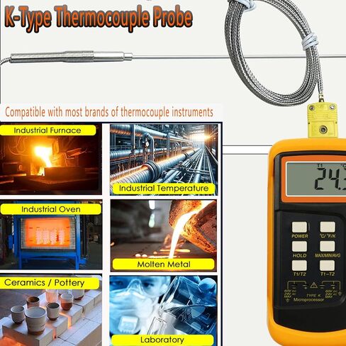 مسبار حراري مزدوج التركيب من النوع K للخدمة الشاقة: مسبار قوي مقاس 11.9 بوصة (طرف 0.13 بوصة) مع كابل مقاس 40 بوصة مناسب لأفران المحرك العميق وقياسات القناة (40 درجة فهرنهايت - 1100 درجة فهرنهايت) (TL1918SL) in Kuwait