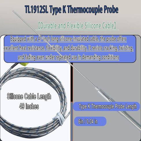 مسبار حراري من النوع K مع كابل مضفر من الألياف الزجاجية، مسبار 6 بوصة، طرف 0.04 بوصة (1 مم) الطول الإجمالي 49 بوصة مناسب لبيئات درجة الحرارة العالية من -40 درجة فهرنهايت إلى 1100 درجة فهرنهايت موديل TL1912SL in Kuwait