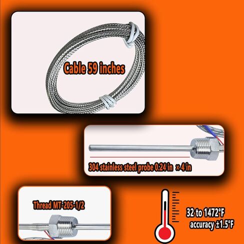 الثقيلة 1/2 بوصة NPT موضوع K- نوع الحرارية التحقيق 4 بوصة طويلة 0.24 بوصة 304 الفولاذ المقاوم للصدأ 59 بوصة كابل، نطاق درجة الحرارة 32 درجة فهرنهايت إلى 1472 درجة فهرنهايت نموذج MT-205-1/2 in Kuwait