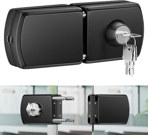 Ranbo Frameless Double-Sided Glass Door Lock,Clamp-On No-Drill,304 Stainless Steel,for 3/8"–1/2" (10–12mm) Swing Door,for Office,Storefront,5 Keys,Matte Black—Double Swing Doors Floor Lock Required in Saudi Arabia