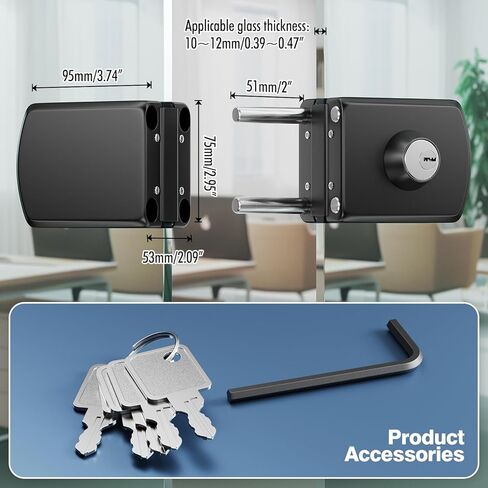 Ranbo Frameless Double-Sided Glass Door Lock,Clamp-On No-Drill,304 Stainless Steel,for 3/8"–1/2" (10–12mm) Swing Door,for Office,Storefront,5 Keys,Matte Black—Double Swing Doors Floor Lock Required in Saudi Arabia