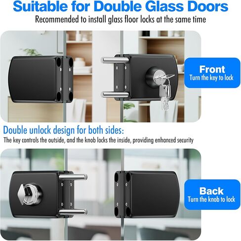 Ranbo Frameless Double-Sided Glass Door Lock,Clamp-On No-Drill,304 Stainless Steel,for 3/8"–1/2" (10–12mm) Swing Door,for Office,Storefront,5 Keys,Matte Black—Double Swing Doors Floor Lock Required in Saudi Arabia