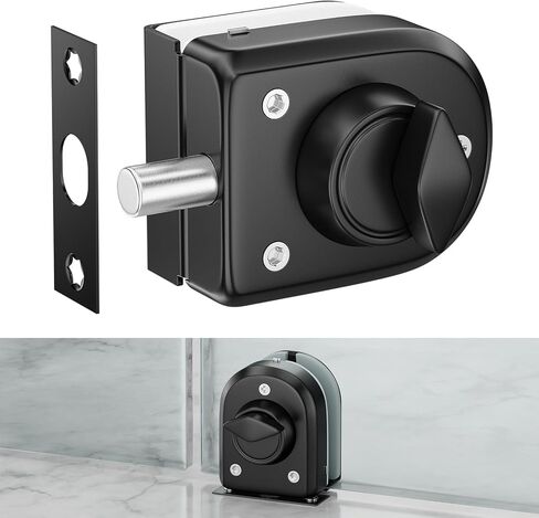 Ranbo Frameless Double-Sided Glass Door Lock,Clamp-On No-Drill,304 Stainless Steel,for 3/8"–1/2" (10–12mm) Swing Door,for Office,Storefront,5 Keys,Matte Black—Double Swing Doors Floor Lock Required in Saudi Arabia