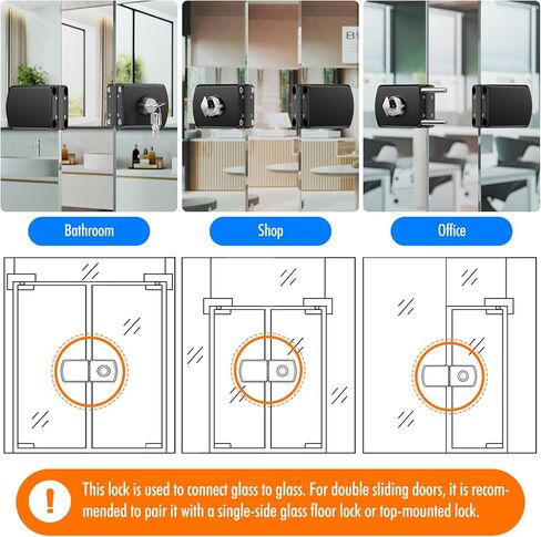 Ranbo Frameless Double-Sided Glass Door Lock,Clamp-On No-Drill,304 Stainless Steel,for 3/8"–1/2" (10–12mm) Swing Door,for Office,Storefront,5 Keys,Matte Black—Double Swing Doors Floor Lock Required in Saudi Arabia