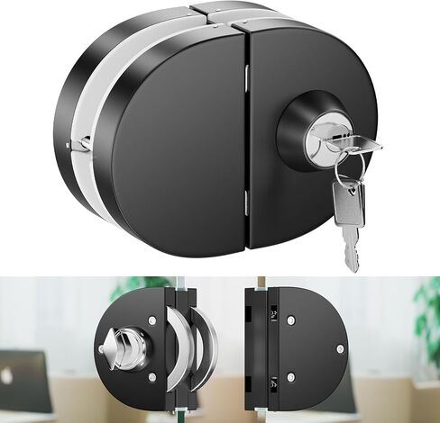 Ranbo Frameless Double-Sided Glass Door Lock,Clamp-On No-Drill,304 Stainless Steel,for 3/8"–1/2" (10–12mm) Swing Door,for Office,Storefront,5 Keys,Matte Black—Double Swing Doors Floor Lock Required in Saudi Arabia