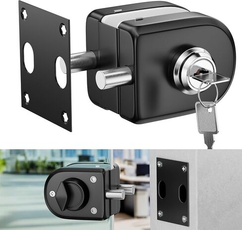 Ranbo Frameless Double-Sided Glass Door Lock,Clamp-On No-Drill,304 Stainless Steel,for 3/8"–1/2" (10–12mm) Swing Door,for Office,Storefront,5 Keys,Matte Black—Double Swing Doors Floor Lock Required in Kuwait
