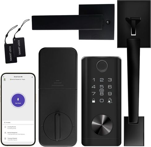 SICNAOPW مجموعة قفل باب ذكي بدون مفتاح ببصمة الإصبع واي فاي مع مقبض، مجموعة قفل ديدبولت TT للدخول الأمامي الرقمي الإلكتروني البيومتري، أسود in Kuwait