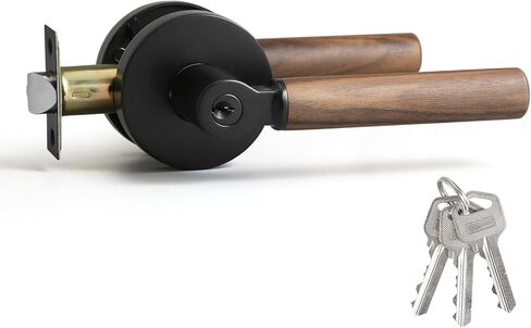 YAGU Wooden Round Entry Lever Door Handle and Single Cylinder Deadbolt Locking Lever Handle Set Pack of 1 [Front Door or Office] Right & Left Sided Doors Heavy Duty – Matte Black Finish in Saudi Arabia