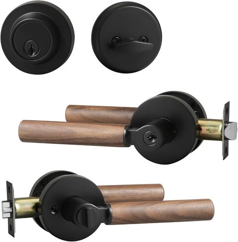 YAGU Wooden Round Entry Lever Door Handle and Single Cylinder Deadbolt Locking Lever Handle Set Pack of 1 [Front Door or Office] Right & Left Sided Doors Heavy Duty – Matte Black Finish in Saudi Arabia