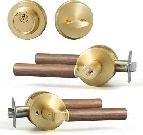 YAGU Wooden Round Entry Lever Door Handle and Single Cylinder Deadbolt Locking Lever Handle Set Pack of 1 [Front Door or Office] Right & Left Sided Doors Heavy Duty – Matte Black Finish in Saudi Arabia