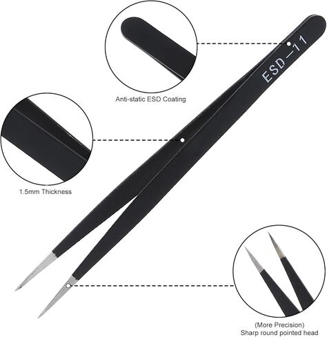 6pcs Precision ESD Tweezers Set, Anti-Static Stainless Steel Tweezers, Non-Magnetic Curved Set, Electronics Kit for Jewelry, Craft, Electronics (1.5mm) in Saudi Arabia