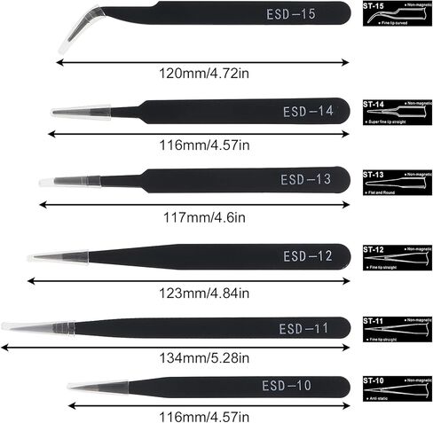 6pcs Precision ESD Tweezers Set, Anti-Static Stainless Steel Tweezers, Non-Magnetic Curved Set, Electronics Kit for Jewelry, Craft, Electronics (1.5mm) in Saudi Arabia