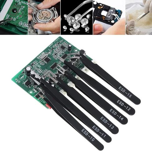6pcs Precision ESD Tweezers Set, Anti-Static Stainless Steel Tweezers, Non-Magnetic Curved Set, Electronics Kit for Jewelry, Craft, Electronics (1.5mm) in Saudi Arabia
