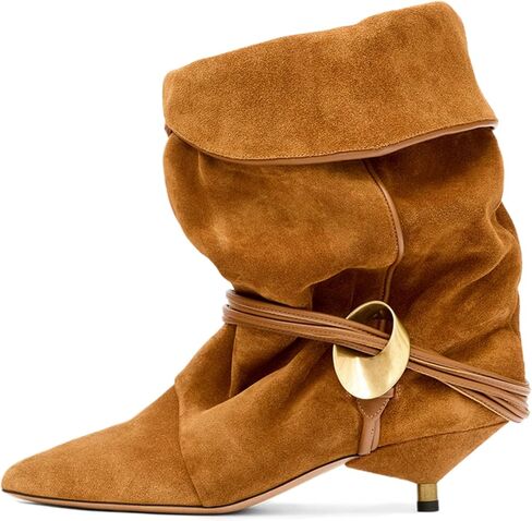 Womens Black Solid Slouchy Boots 2025 Ruched Mid Calf Kitten Heel Pointed Toe Pull On Boots in Saudi Arabia