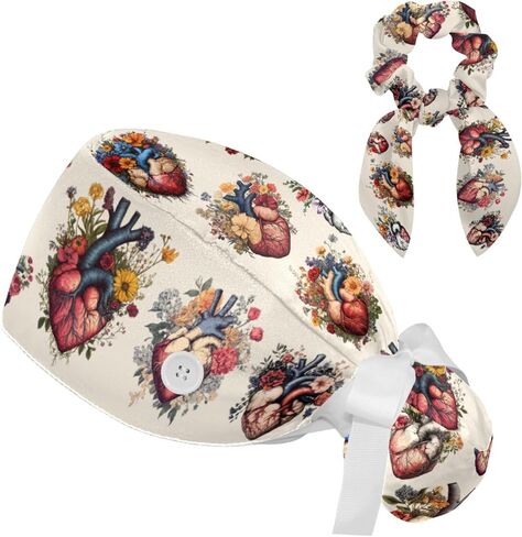 FVQL Surgical Caps for Women, Scrub Caps Women, Hearts Valentine's Day, Bouffant Nurse Cap Ponytail in Saudi Arabia