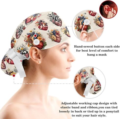 FVQL Surgical Caps for Women, Scrub Caps Women, Hearts Valentine's Day, Bouffant Nurse Cap Ponytail in Saudi Arabia