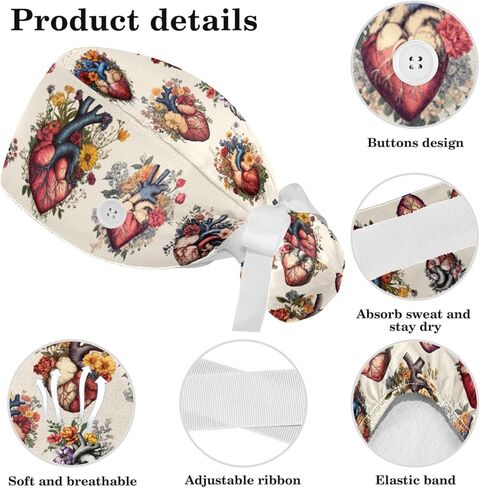 FVQL Surgical Caps for Women, Scrub Caps Women, Hearts Valentine's Day, Bouffant Nurse Cap Ponytail in Saudi Arabia