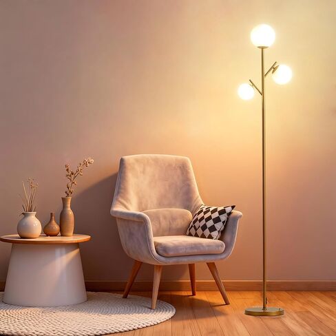 Fiqevs 3 Globe Mid Century Floor Lamp ، مصباح قائم بذاته مع 3 مصابيح LED والظلول الزجاجية الصوتية ، مصباح أرضية شجرة ذهبية حديثة لغرفة المعيشة ، غرفة نوم ، مكتب in Kuwait
