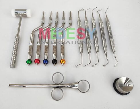 Medesy Dental Sinus Lift Osteotome Offset Concave Tip Sinus Lift Implant Bone Preparation with Mushroom Elevators and Mallet 13 Pcs Instruments by MEDESY in Kuwait