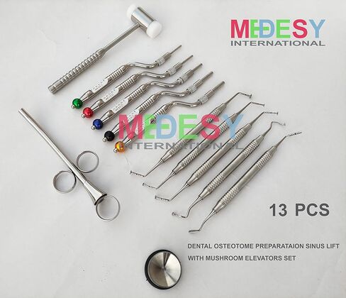 Medesy Dental Sinus Lift Osteotome Offset Concave Tip Sinus Lift Implant Bone Preparation with Mushroom Elevators and Mallet 13 Pcs Instruments by MEDESY in Kuwait
