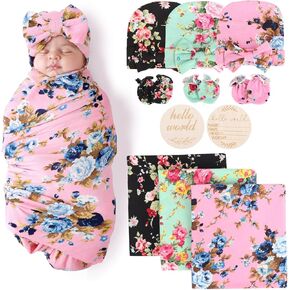 Newborn Receiving Blanket with Bow Hat Mittens Set Wheat-Pattern Newborns Toddler Baby Boy Girl Nursery Swaddle Wrap in Kuwait