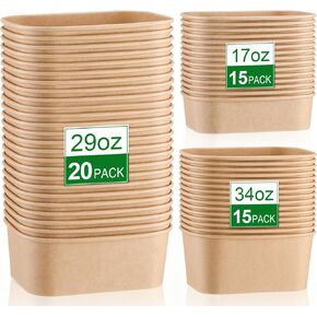 Ferrochef 100 عبوة 17oz 29oz 34oz أطباق ورقية من ورق الكرافت للاستعمال مرة واحدة، حاوية طعام ورقية مستطيلة، حاوية تحضير الوجبات، وعاء مانع للتسرب، وعاء للحساء البارد الساخن، سلطة الآيس كريم، آمن للاستخدام في الميكروويف (بدون أغطية) in Kuwait