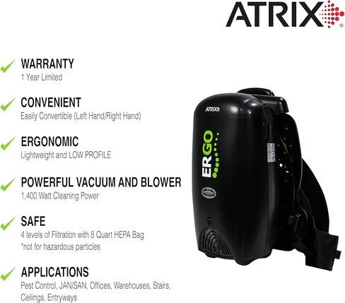Atrix Ergo Backpack Vacuum VACBP1-PK – Pro Clean Kit with 10 HEPA Filters, Storage Bag & 25ft Extension Cord in Saudi Arabia