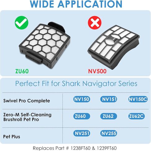 استبدال الفلتر لـ Shark ZU60 ZU62 NV150 NV151 NV251 NV255 Navigator Rotator Pet Pro مكنسة عمودية، قطع بديلة 1238FT60 1239FT60، 6 فلتر رغوي + 2 فلتر هيبا + 6 مجموعة لباد in Kuwait