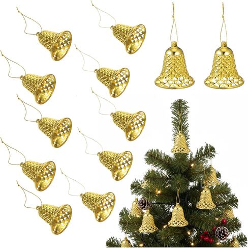 MAGICLULU 12pcs Christmas Plastic Jingle Bells Ornaments Christmas Tree Ornaments Plastic Bell Pendants with Ropes Gold Bells Christmas Tree Hanging Decorations for Christmas Tree in Saudi Arabia