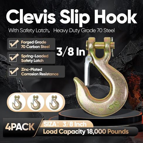 Terixe 4 Pack 3/8 Inch Clevis Slip Hook with Safety Latch - Heavy Duty Grade 70 Steel for Trailer Chains, Winch, Tow, 18,000 Lbs in Saudi Arabia