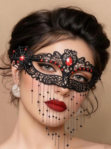 Tgirls Rhinestone Masquerade Mask Tassel Beaded Masquerade Lace Masks Crystal Face Mask Costume Party Eye Mask in Kuwait