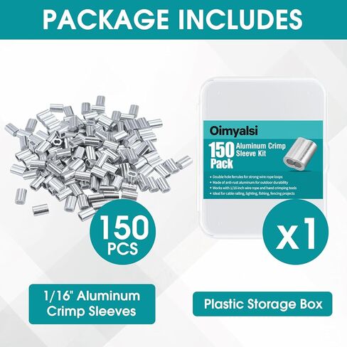 150 قطعة من الأكمام المجعدة المصنوعة من الألومنيوم مقاس 1/16 بوصة، وحلقات ذات فتحة مزدوجة مع صندوق تخزين لحبل الأسلاك، وتجعيد الكابلات، والمشروعات اليدوية والخارجية in Kuwait