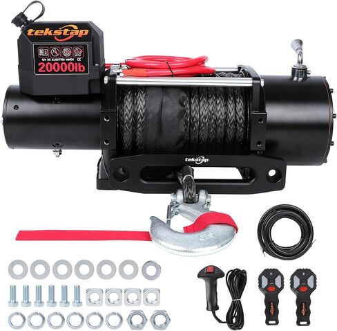 ونش كهربائي ثقيل 20000 رطل، IP68 مقاوم للماء 12 فولت تيار مستمر مع حبل صناعي 0.47 بوصة × 85 قدم، محرك 7.9 حصان، تروس كوكبية 4 مراحل 544: 1،2 جهاز تحكم عن بعد لاسلكي، للشاحنة/الجيب/سيارات الدفع الرباعي على الطرق الوعرة in Kuwait