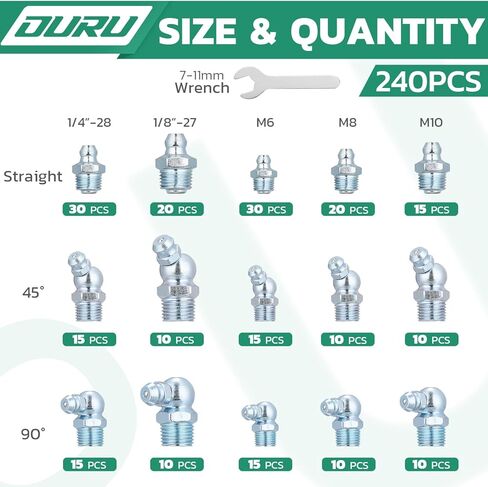 تشكيلة تركيبات الشحوم من OURU، 240 قطعة SAE وتركيبات الشحوم زيرك المترية NPT 1/4 بوصة 1/8 بوصة M6 M8 M10، حلمة شحم مستقيمة 45 90 درجة مع طقم مفتاح ربط (7-11 مم) لمسدس الشحوم in Kuwait