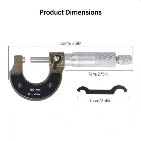 Stainless Steel Outside Micrometer, 0.01mm Accuracy Thickness Measuring Tool with Wrench for Machinery Factories and Workshops(1-25mm) in Saudi Arabia