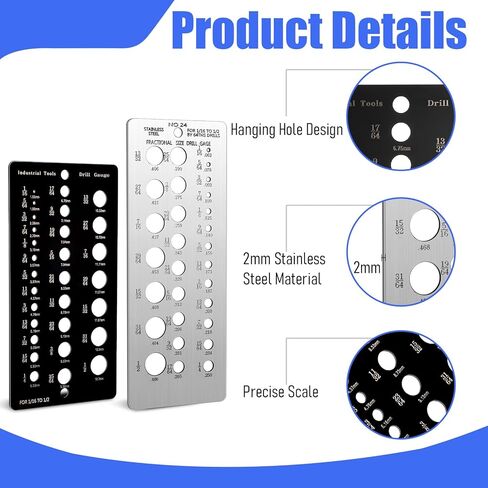 2 Pcs Drill Bit Size Gauge Drill Bit Guide Stainless Steel Gauges for 1/16 Inch to 1/2 Inch Size Bits, 29 Holes Metal Gauge Tool Bolt and Wire Diameter Index Accurate Measurement, Black and Silver in Saudi Arabia