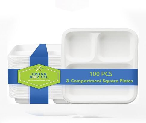 Urban Box Co. 3-Compartment Composatable Square Plates, Unique Design, Heavy-Duty Biodegradable Bagasse, PFAS-Free, BPI Certified Eco-Friendly Dinnerware for Parties & School Lunches, 100 Pack in Saudi Arabia