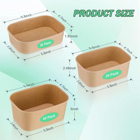 Ferrochef 100 عبوة 17oz 29oz 34oz أطباق ورقية من ورق الكرافت للاستعمال مرة واحدة، حاوية طعام ورقية مستطيلة، حاوية تحضير الوجبات، وعاء مانع للتسرب، وعاء للحساء البارد الساخن، سلطة الآيس كريم، آمن للاستخدام في الميكروويف (بدون أغطية) in Kuwait