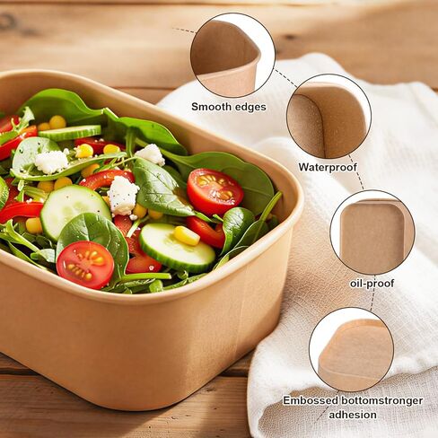 Ferrochef 100 عبوة 17oz 29oz 34oz أطباق ورقية من ورق الكرافت للاستعمال مرة واحدة، حاوية طعام ورقية مستطيلة، حاوية تحضير الوجبات، وعاء مانع للتسرب، وعاء للحساء البارد الساخن، سلطة الآيس كريم، آمن للاستخدام في الميكروويف (بدون أغطية) in Kuwait