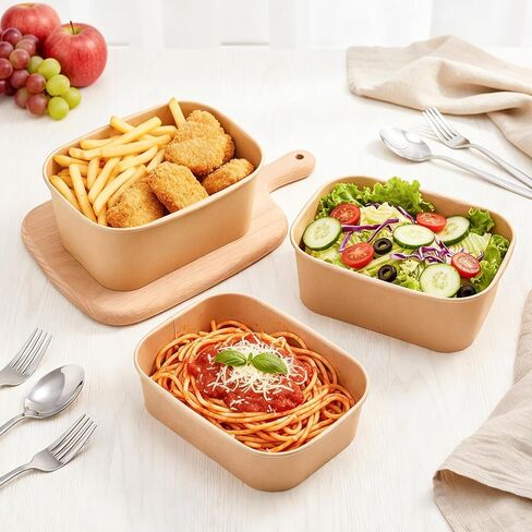 Ferrochef 100 عبوة 17oz 29oz 34oz أطباق ورقية من ورق الكرافت للاستعمال مرة واحدة، حاوية طعام ورقية مستطيلة، حاوية تحضير الوجبات، وعاء مانع للتسرب، وعاء للحساء البارد الساخن، سلطة الآيس كريم، آمن للاستخدام في الميكروويف (بدون أغطية) in Kuwait