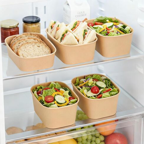 Ferrochef 100 عبوة 17oz 29oz 34oz أطباق ورقية من ورق الكرافت للاستعمال مرة واحدة، حاوية طعام ورقية مستطيلة، حاوية تحضير الوجبات، وعاء مانع للتسرب، وعاء للحساء البارد الساخن، سلطة الآيس كريم، آمن للاستخدام في الميكروويف (بدون أغطية) in Kuwait